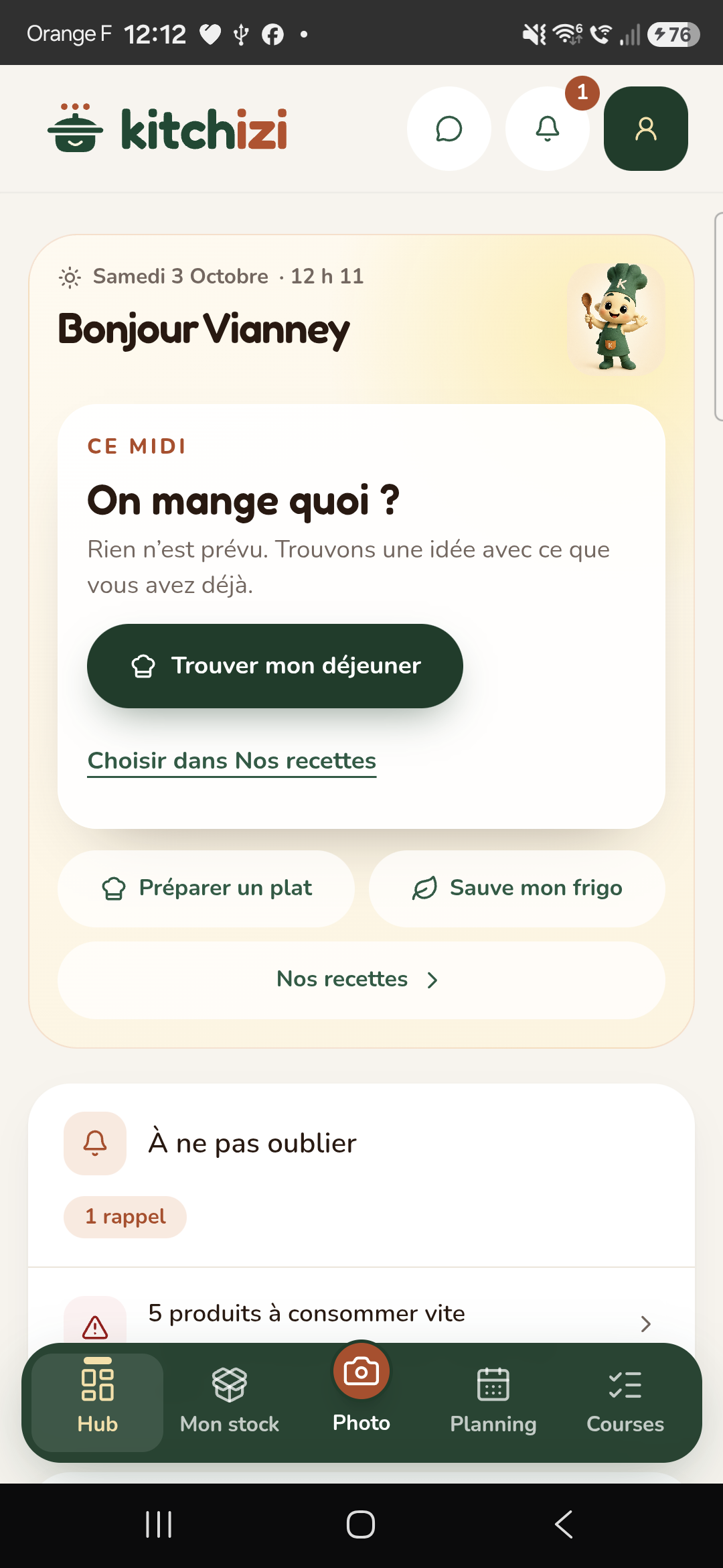 Capture réelle de Kitchizi : Accueil — les repas et les actions du jour