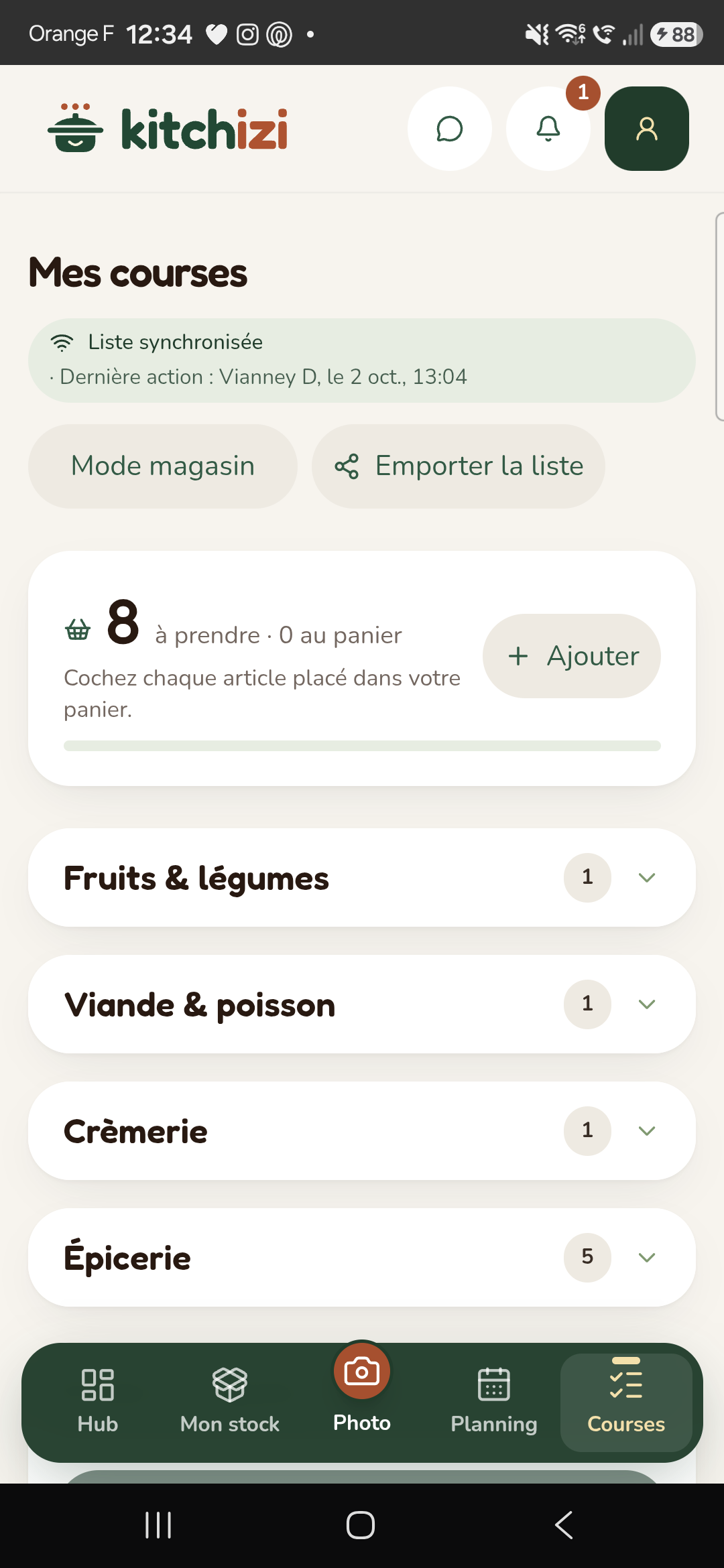 Capture réelle de Kitchizi : Courses — la liste partagée du foyer