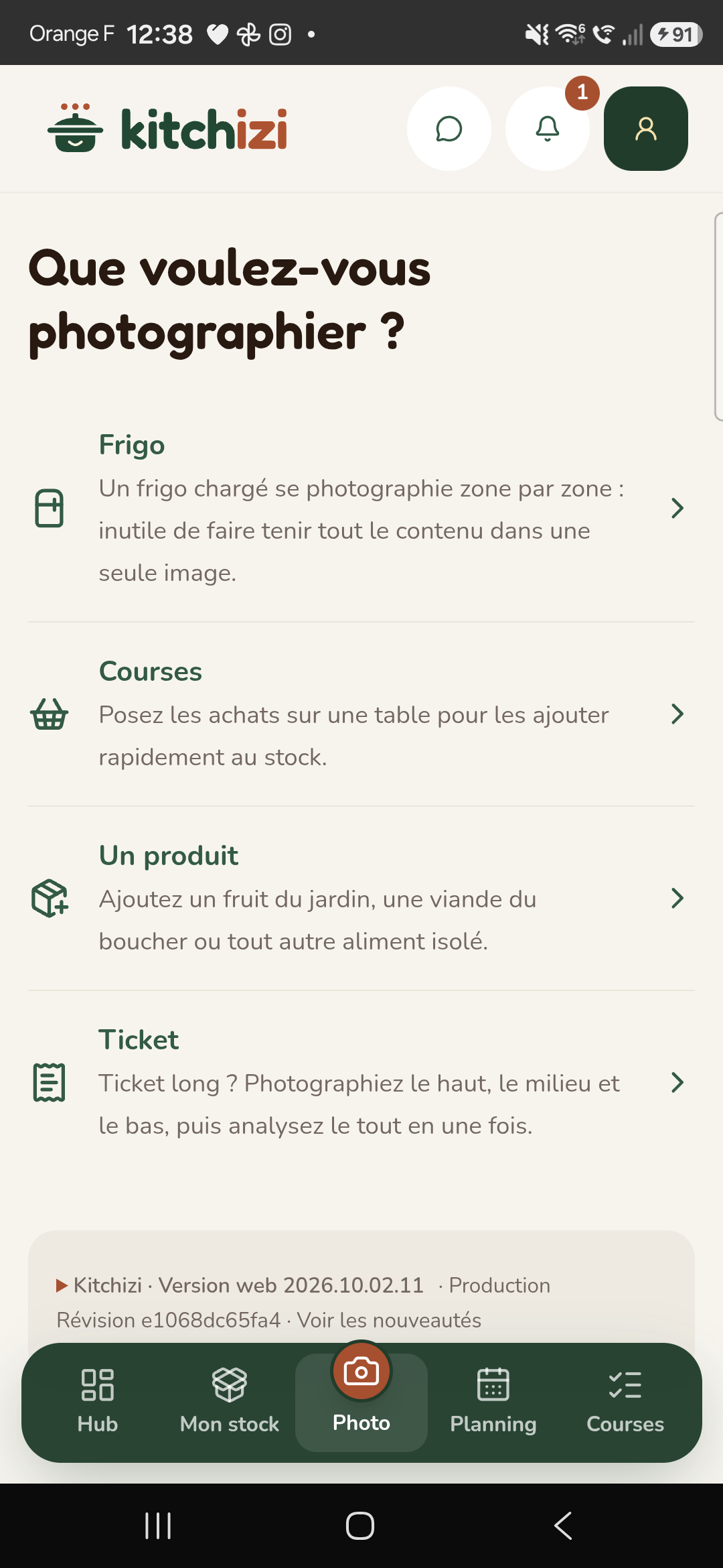 Capture réelle de Kitchizi : Photo — choisir le frigo, les courses, un produit ou un ticket