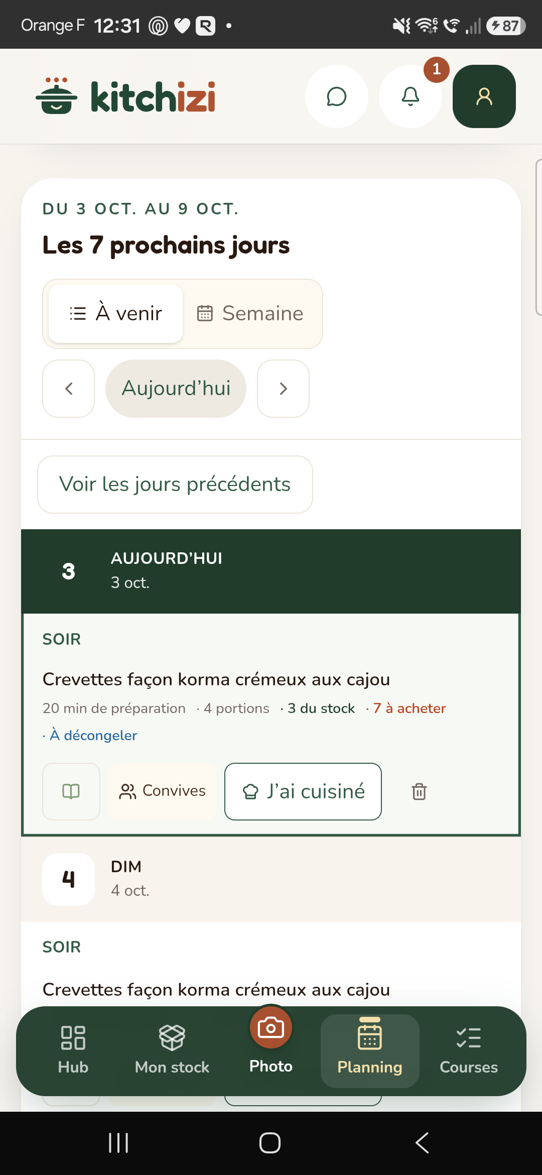 Capture réelle de Kitchizi : Planning — les repas des prochains jours