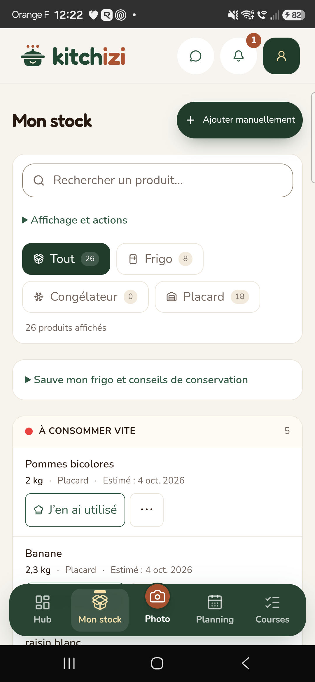 Capture réelle de Kitchizi : Mon stock — les réserves et les aliments à consommer